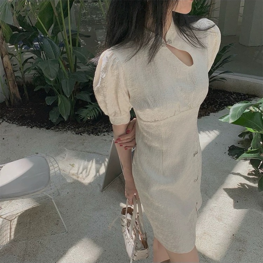 NWT Elegant Cream Puff Sleeve Dress (Qipao)